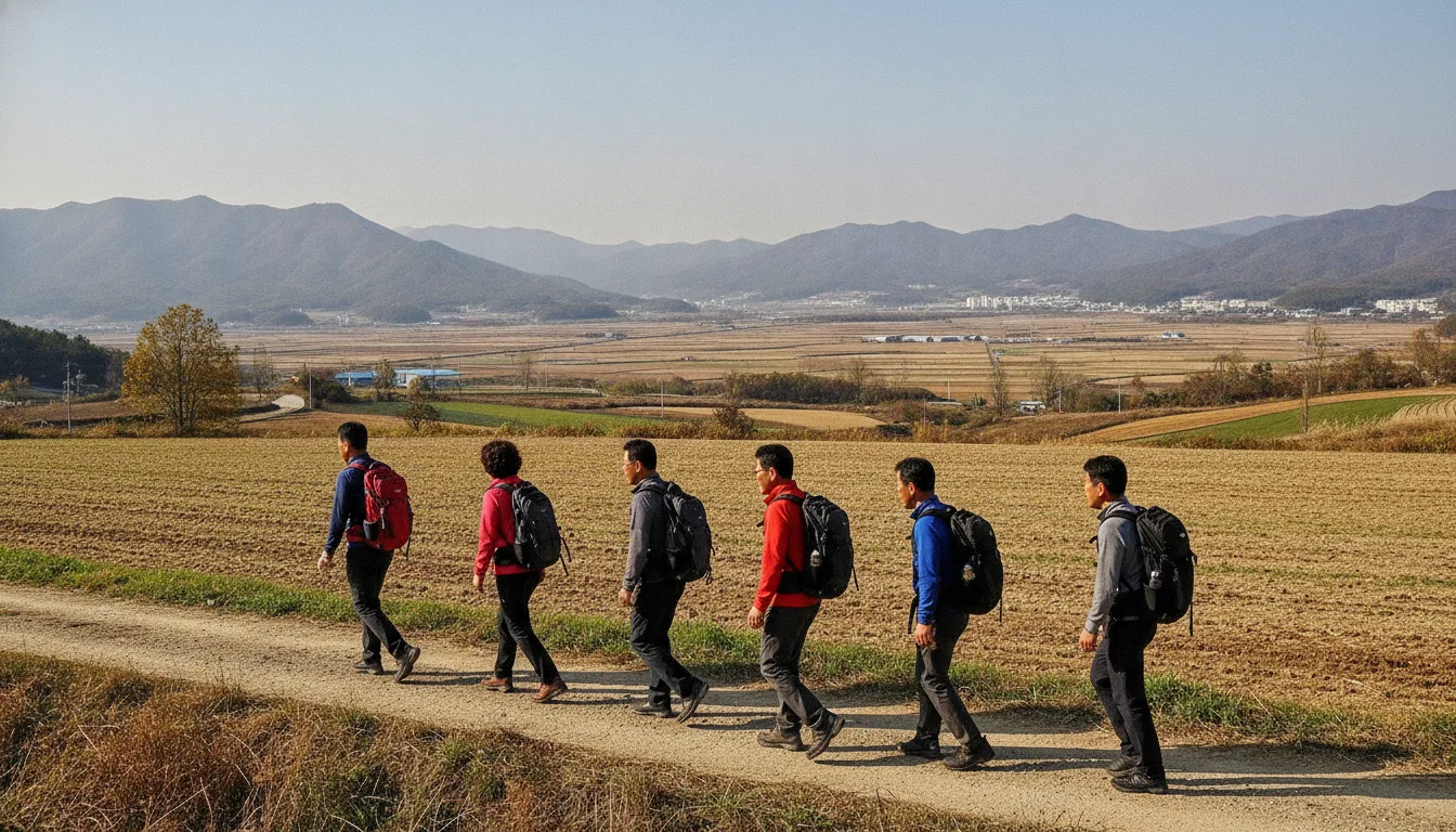 탐방객들이 안계평야 인근의 트레킹 코스를 따라 걸어가고 있다. · AI 생성 이미지