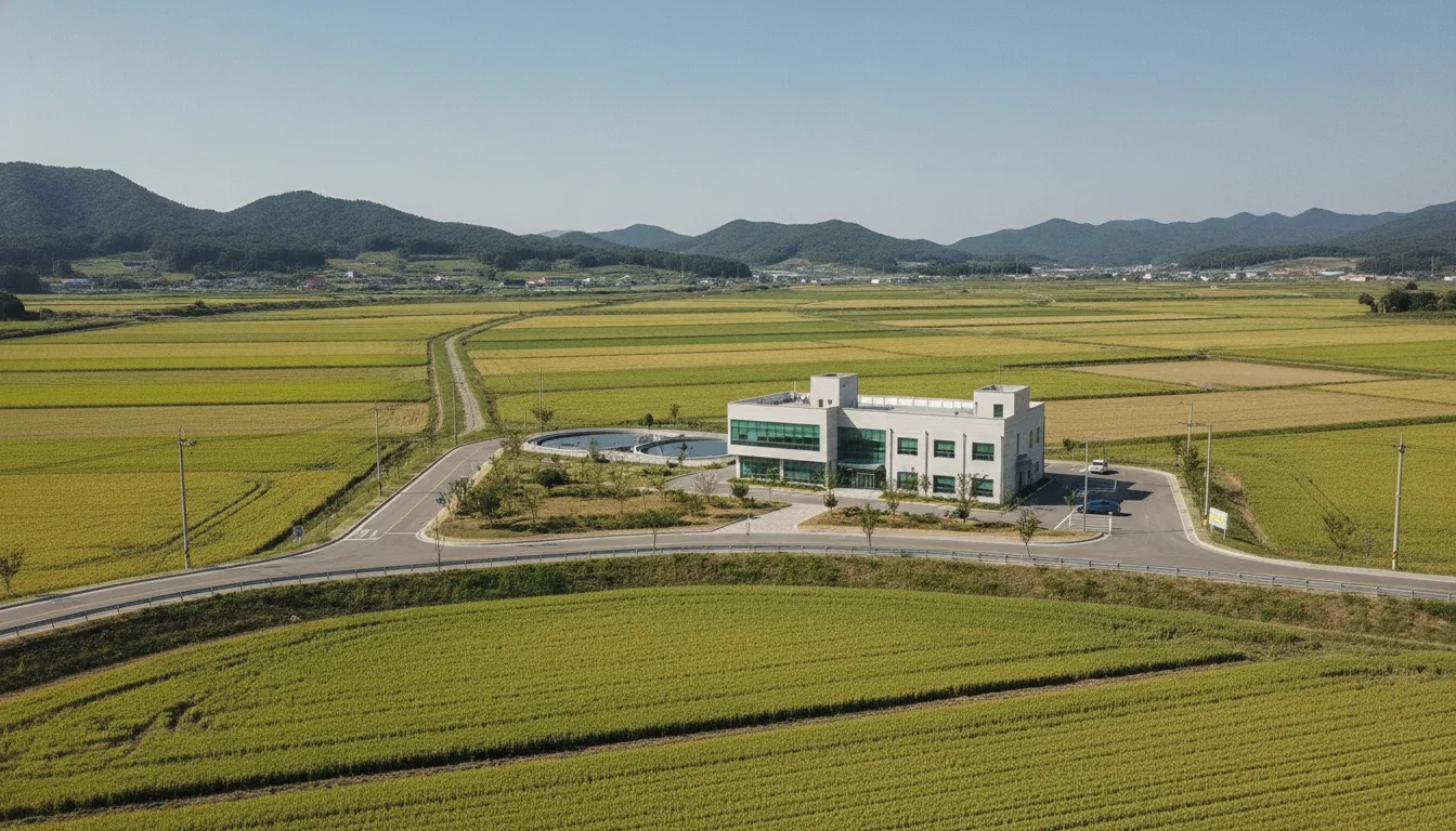 의성군 들녘 인근에 위치한 환경 기초시설 전경이다. · AI 생성 이미지