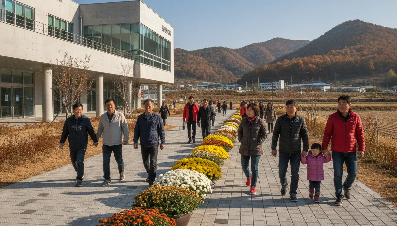 의성군 안계면에 들어선 복합시설 앞 야외 보행 공간을 주민들이 오가고 있다. · AI 생성 이미지