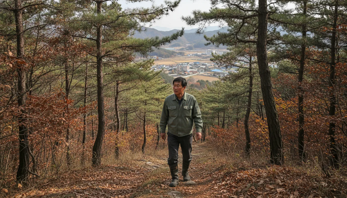 늦가을 산림보호 기간을 앞두고 숲길 주변으로 낙엽이 수북하게 쌓여 있다. · AI 생성 이미지