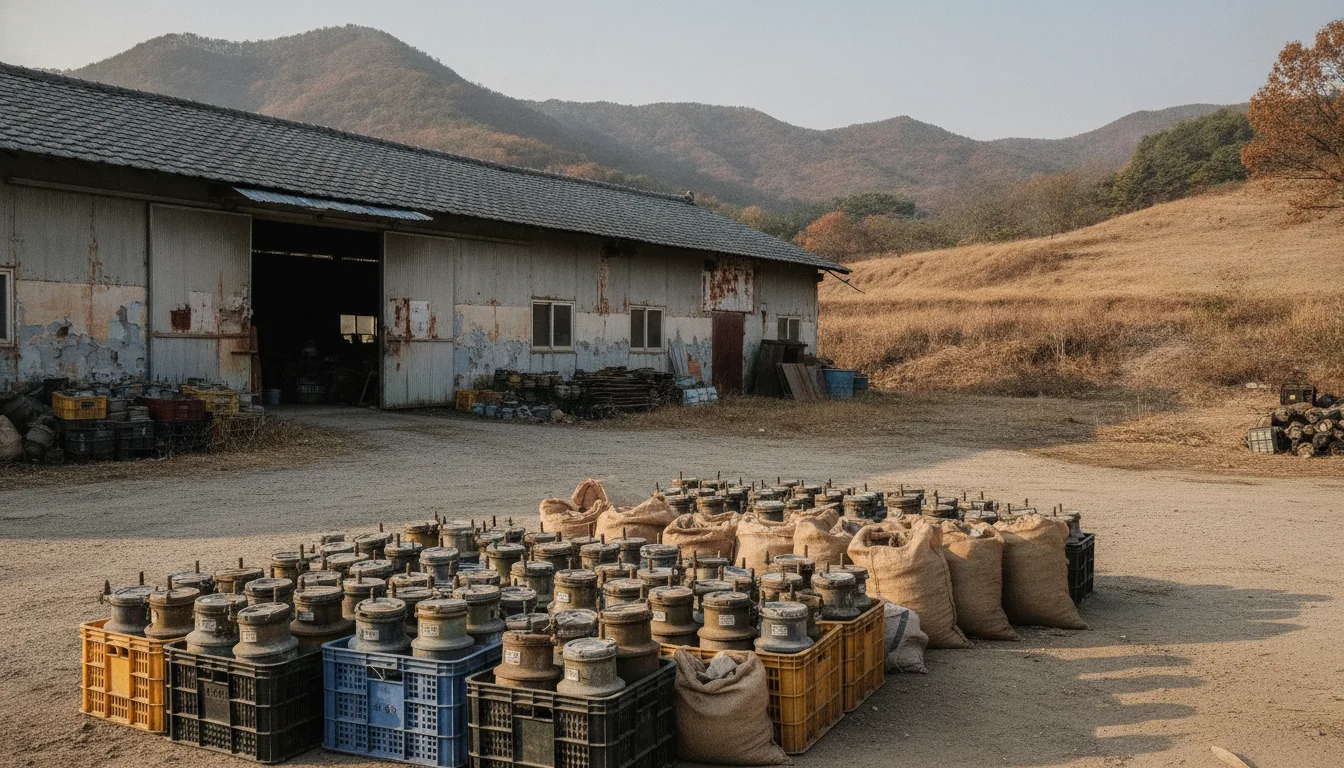 의성읍의 한 자재 창고 마당에 철거된 노후 수도계량기들이 상자에 담겨 보관되어 있다. · AI 생성 이미지