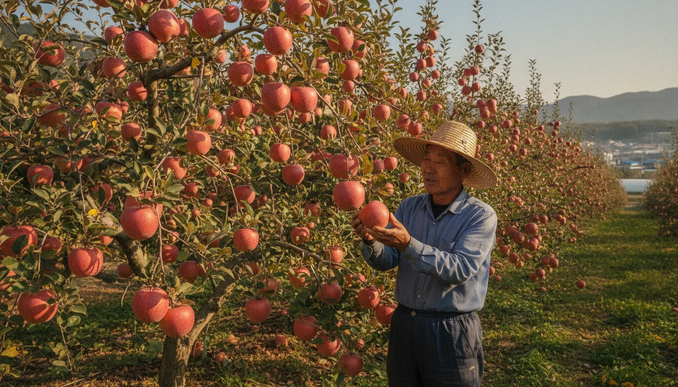 수확기를 앞둔 의성군의 한 과수원에서 농민이 붉게 익은 사과를 살펴보고 있다. · AI 생성 이미지
