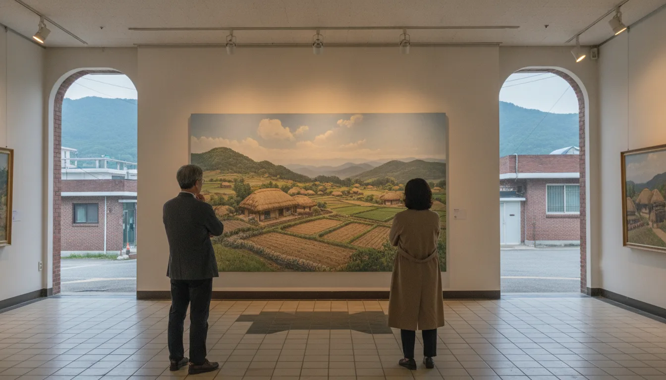 의성군 안계미술관에서 관람객들이 산불과 자연을 주제로 한 회화 작품을 살펴보고 있다. · AI 생성 이미지