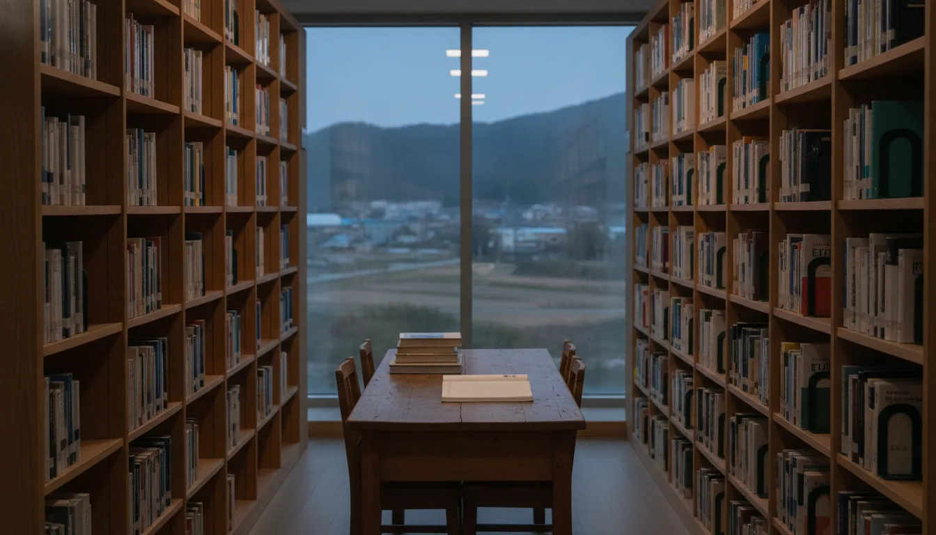 불을 밝힌 도서관 열람실 서가와 책상에 책들이 정돈되어 있다. · AI 생성 이미지