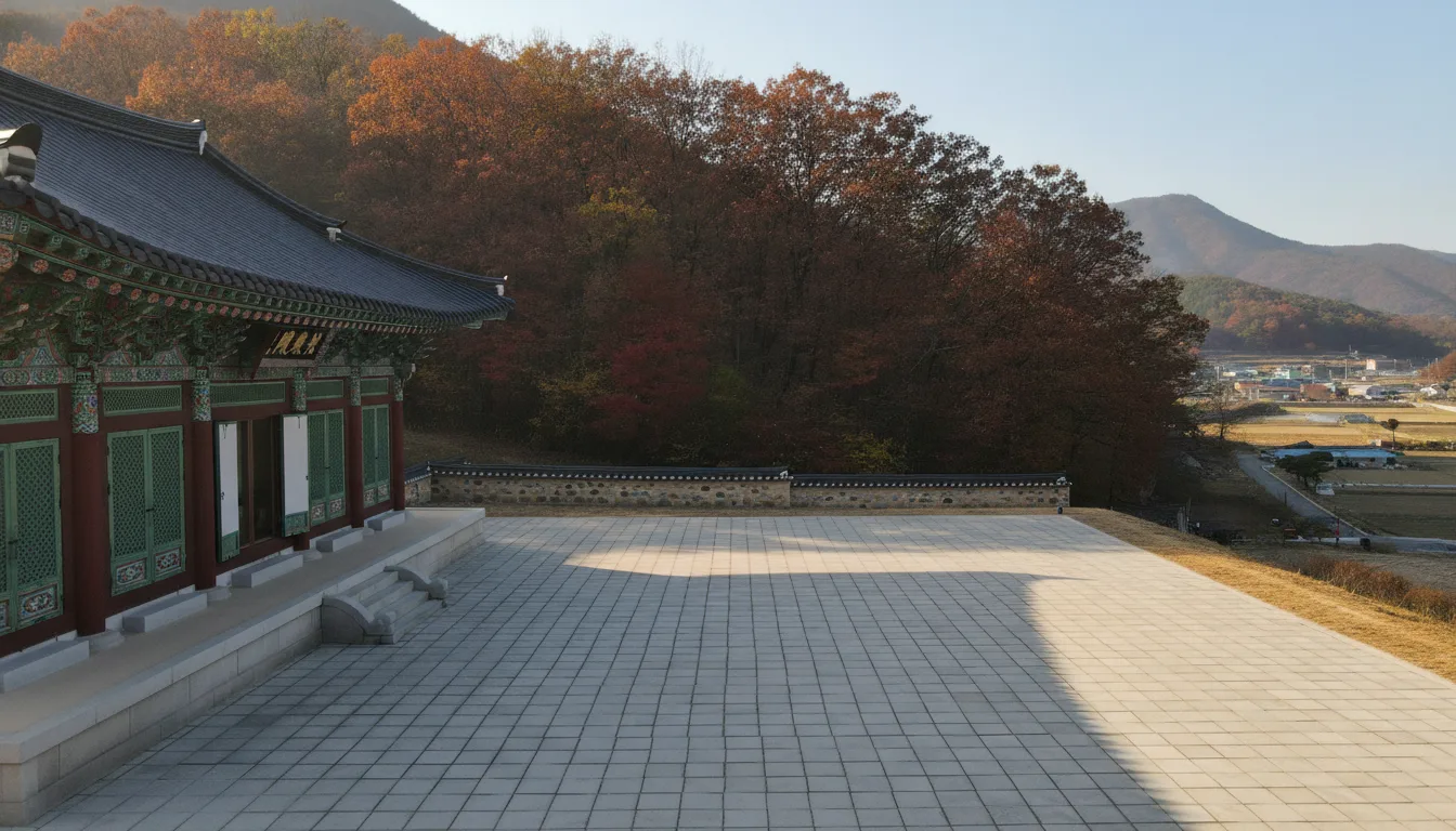 새로 단장한 사찰 전각 위로 가을 햇살이 내리쬐고 있다. · AI 생성 이미지