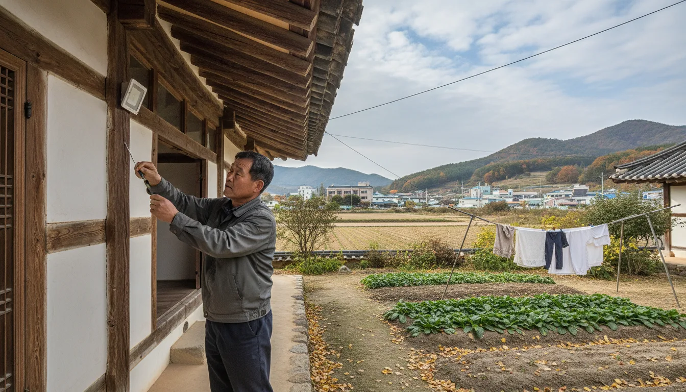 한 농가 주택 처마 아래 기둥에 야간 보행을 돕는 작은 태양광 센서등이 설치되어 있다. · AI 생성 이미지