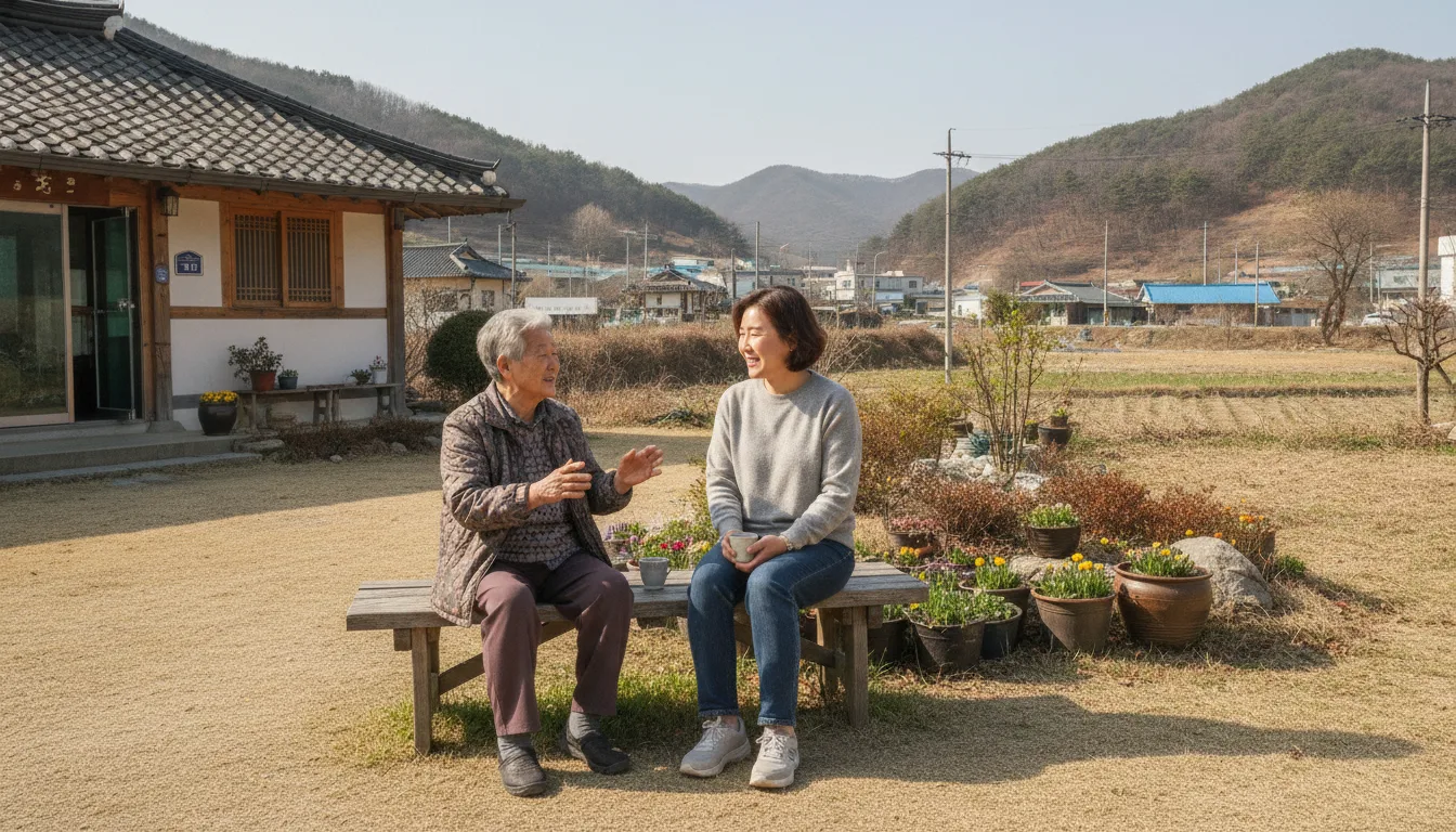 초봄 햇살이 내리쬐는 의성의 한 한의원 앞에서 주민들이 벤치에 앉아 담소를 나누고 있다. · AI 생성 이미지