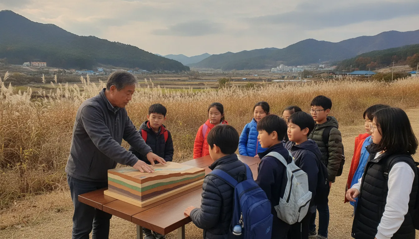 해설사가 야외 체험 공간에서 지층 경사 모형을 이용해 학생들에게 지질 구조를 설명하고 있다. · AI 생성 이미지