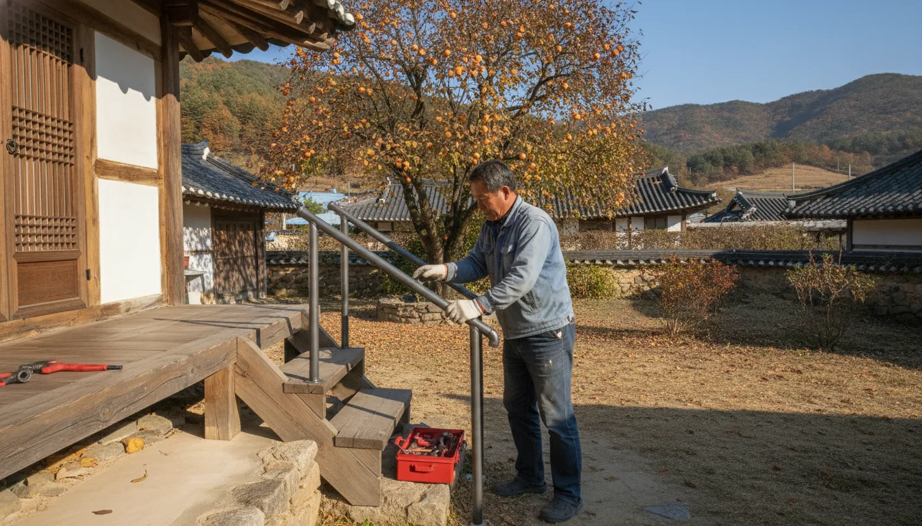 사곡면의 한 주택에서 한 봉사자가 마당 계단에 안전 난간을 설치하고 있다. · AI 생성 이미지