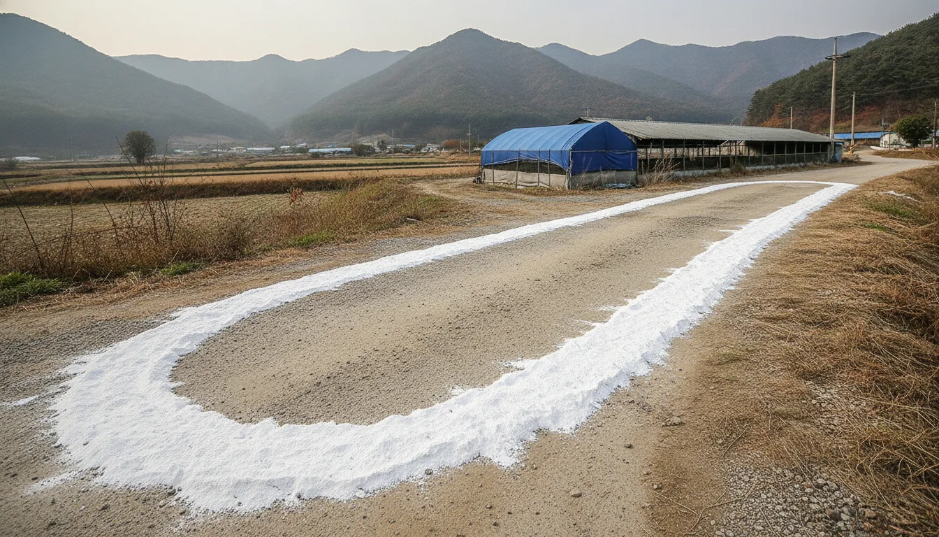 가축전염병 차단 방역을 위해 축사 주변 진입로에 하얀 석회 가루가 도포되어 있다. · AI 생성 이미지