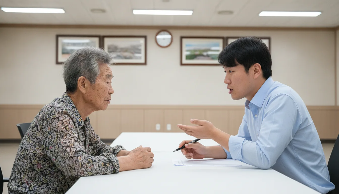 보건소 회의실에서 노인이 안내 요원의 설명을 들으며 민원 절차를 진행하고 있다. · AI 생성 이미지