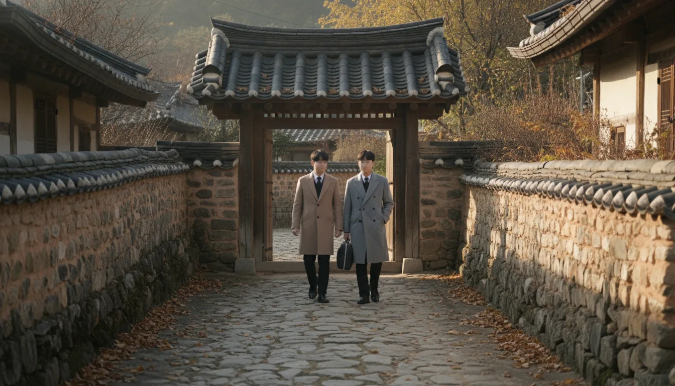 의성군의 한 마을 골목길에서 방문건강관리 실습에 나선 학생들이 가방을 들고 가구를 방문하고 있다. · AI 생성 이미지