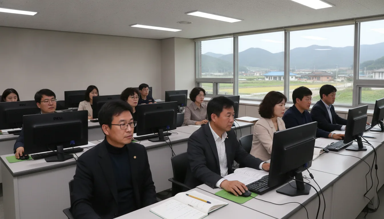 구 의성읍사무소 교육장에서 군청 실무 담당자들이 컴퓨터를 이용해 실무 전산 실습을 진행하고 있다. · AI 생성 이미지