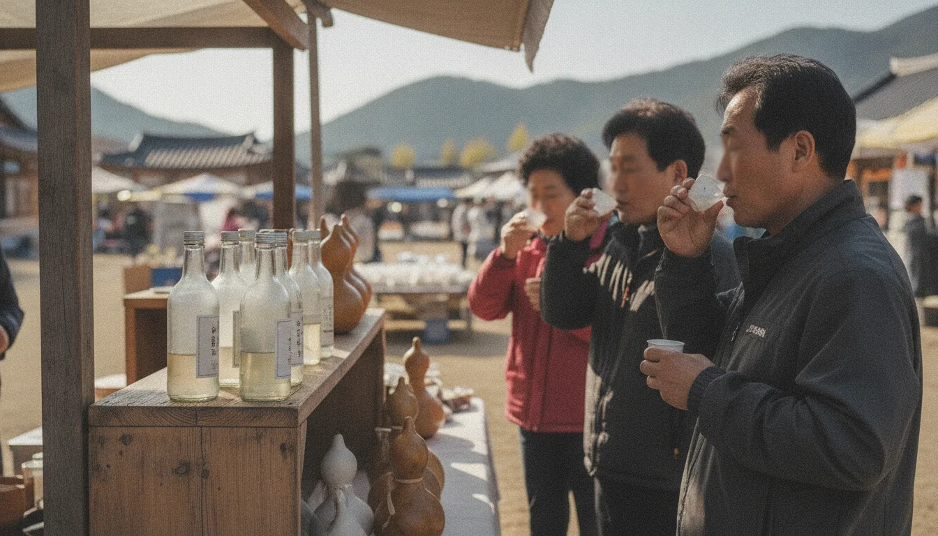 야외 행사장에 마련된 진열대에서 방문객들이 잔에 담긴 전통주를 살펴보고 있다. · AI 생성 이미지