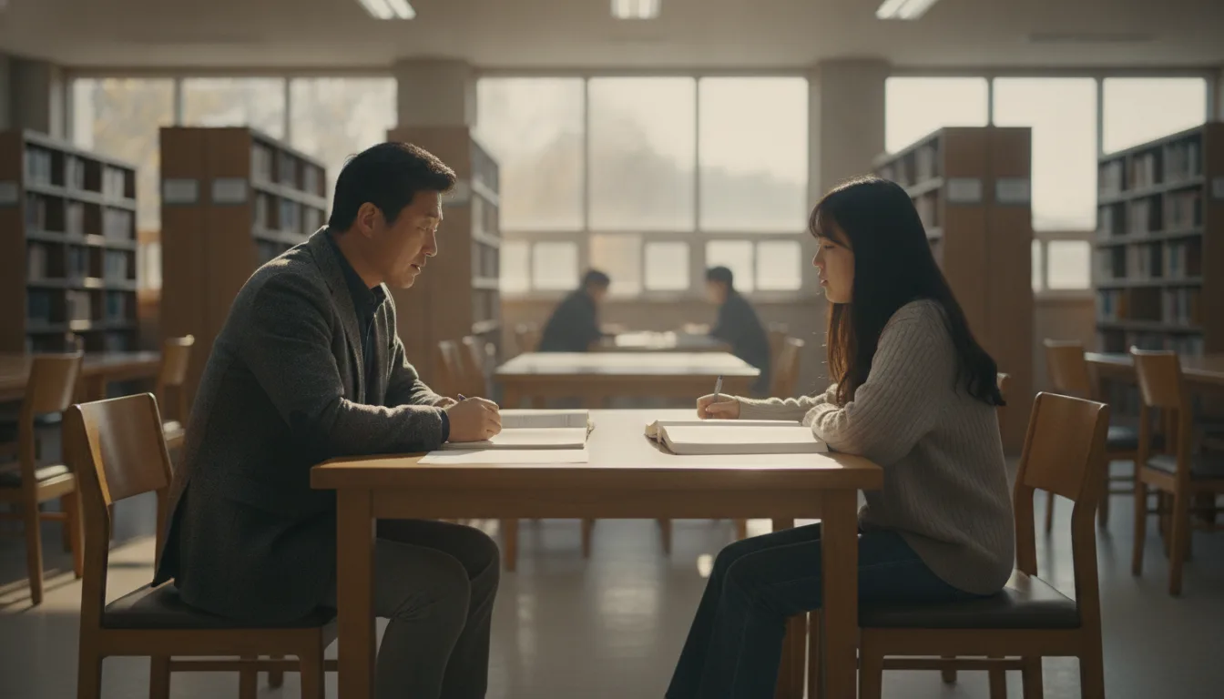도서관 열람실에서 교사와 학생이 책상에 마주 앉아 상담을 진행하고 있다. · AI 생성 이미지