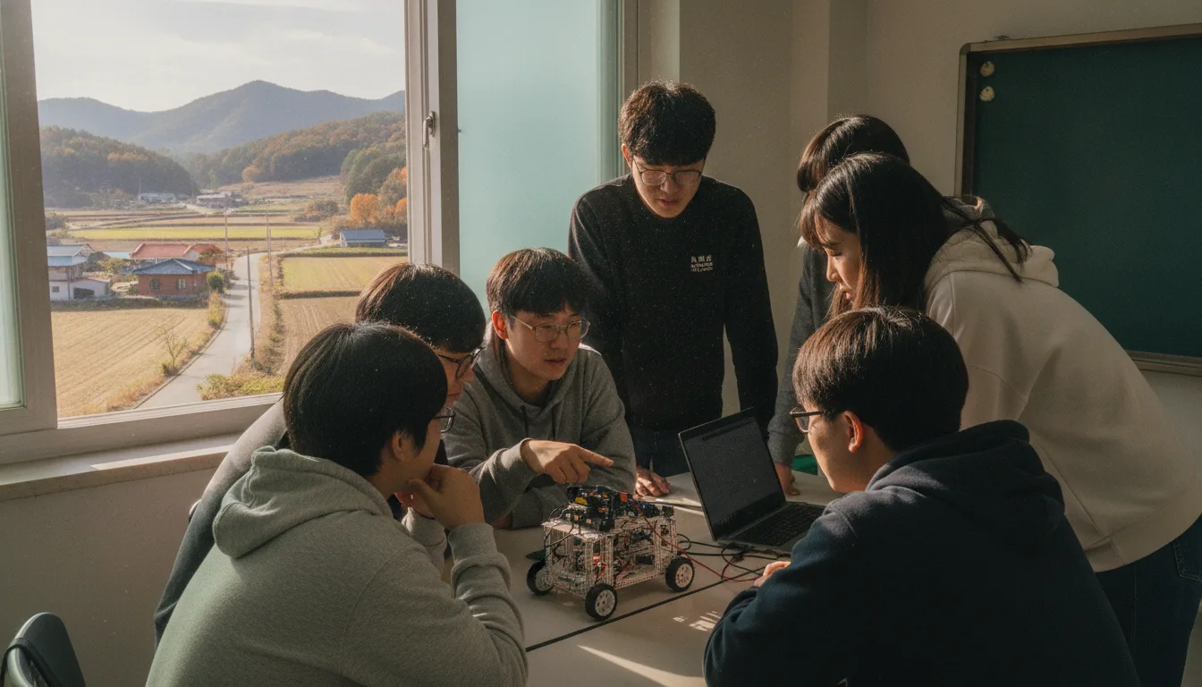 의성 인공지능교육관 실습실에서 학생들이 소형 모형 교구를 이용해 조별 체험 활동을 하고 있다. · AI 생성 이미지
