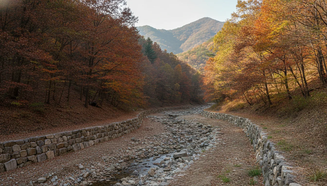 산자락 아래 정비된 물길과 완만한 사면 석축 위로 마른 계곡이 이어져 있다. · AI 생성 이미지