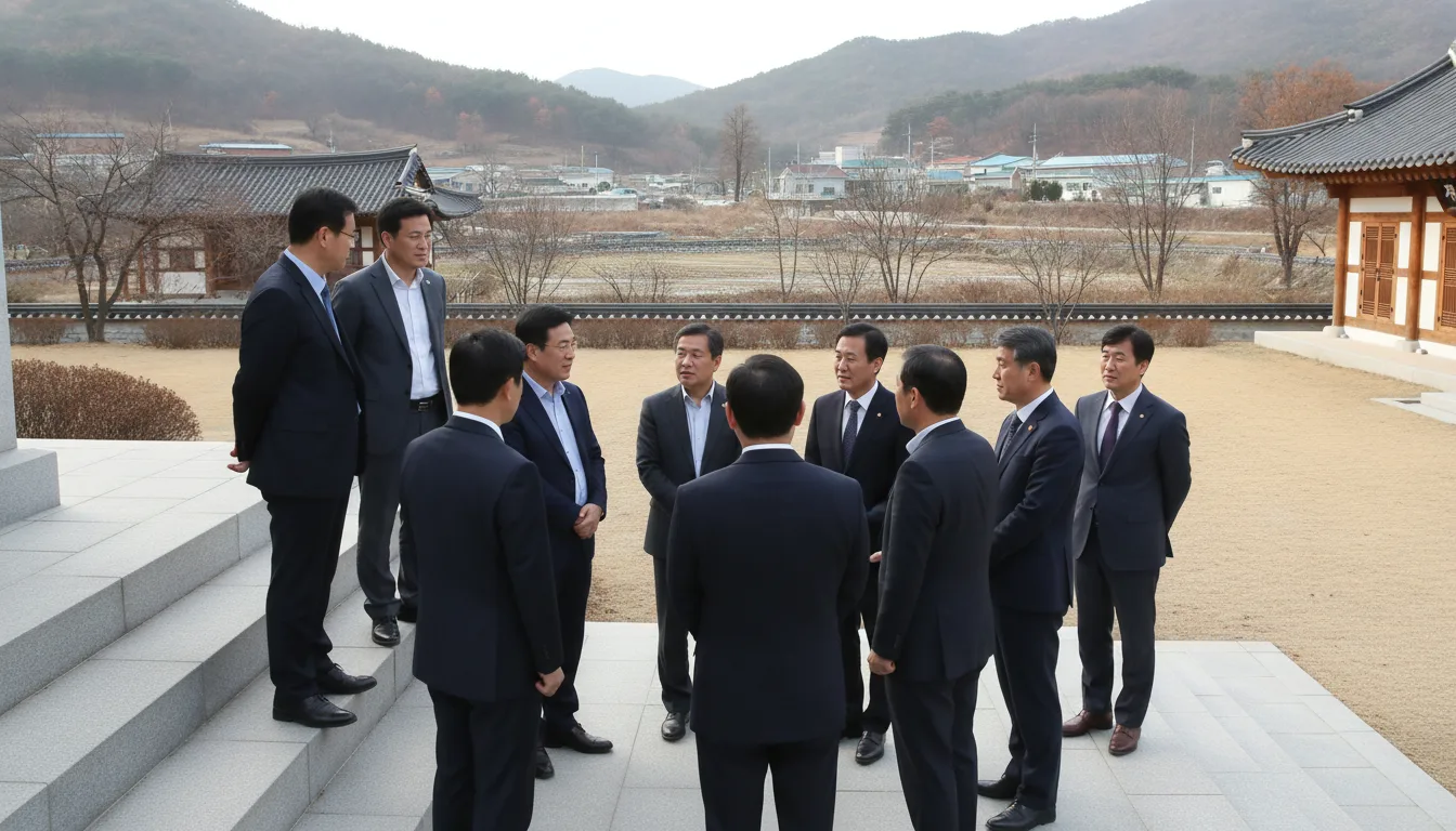의성군의회 청사 앞 계단에서 의원들이 이동하며 이야기를 나누고 있다. · AI 생성 이미지