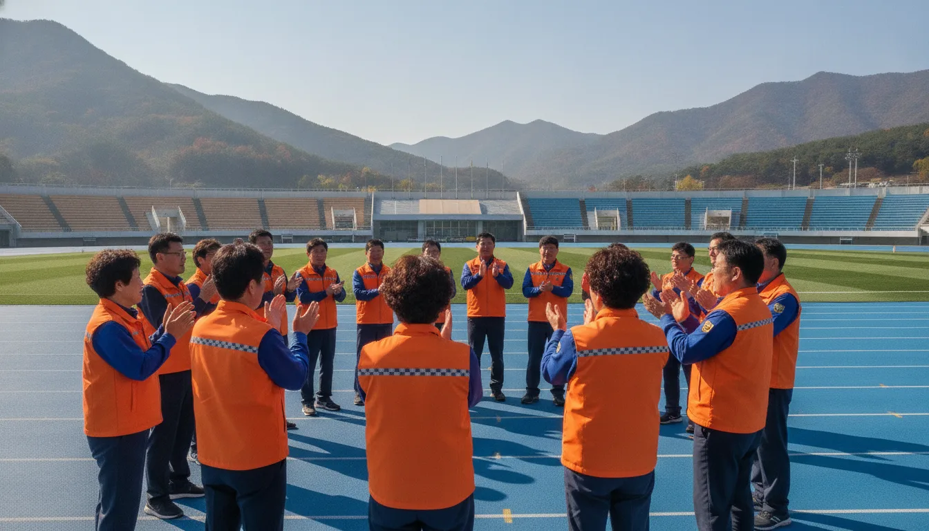 의성종합운동장에서 열린 행사에서 제복 조끼를 입은 참가자들이 잔디밭에 모여 경기를 지켜보고 있다. · AI 생성 이미지