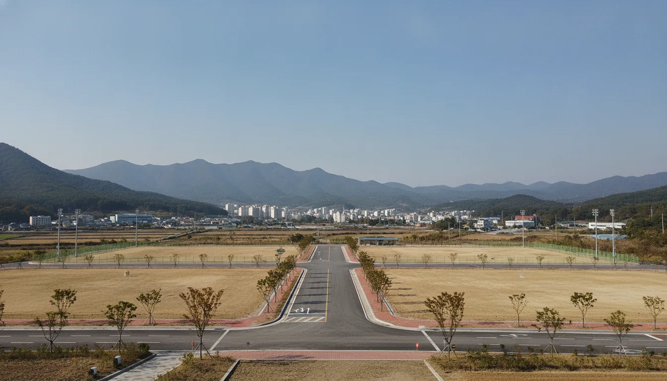 의성읍 중리리 일원에 체육시설 조성을 위한 기반 공사가 마무리된 부지의 전경이다. · AI 생성 이미지